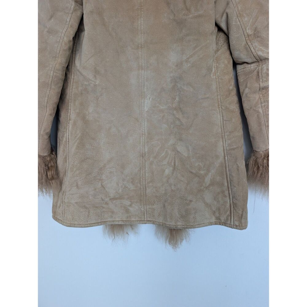 Vintage Real Leather Fur Trim Tan Penny Lane Longline Coat Jacket Sz S XOXO - Picture 12 of 16